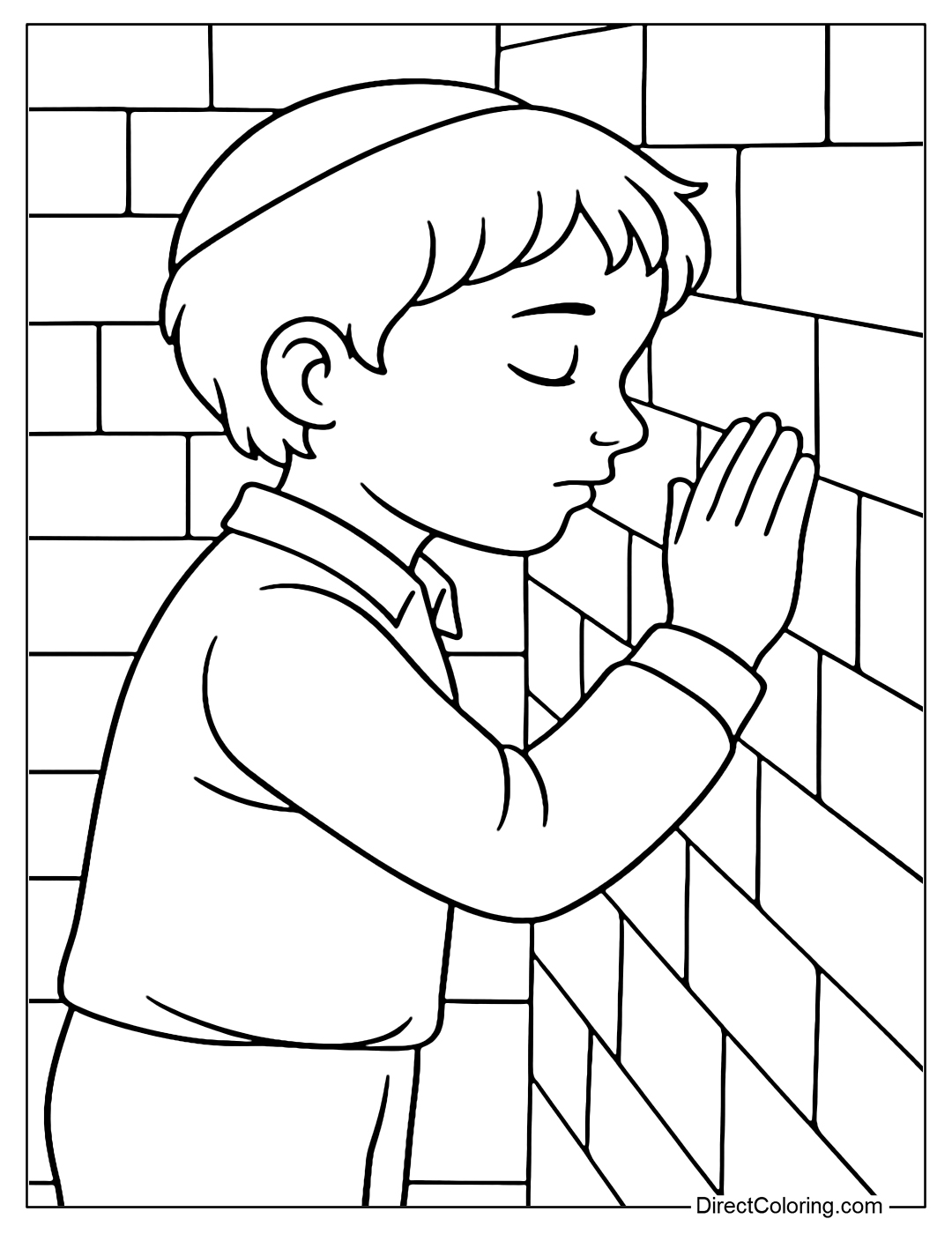 A coloring page of a boy placing his hands on the Western Wall and closing his eyes in prayer.